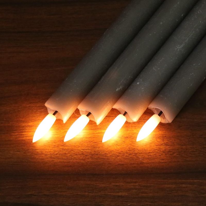 Flameless Gray Taper Candles Flickering With Remote